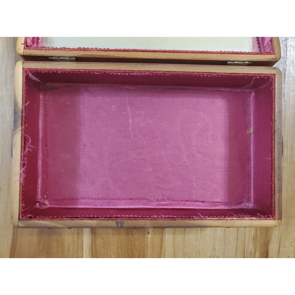Vintage Rustic Wood Trinket Box Flat Top Storage Chest Striped Metal
